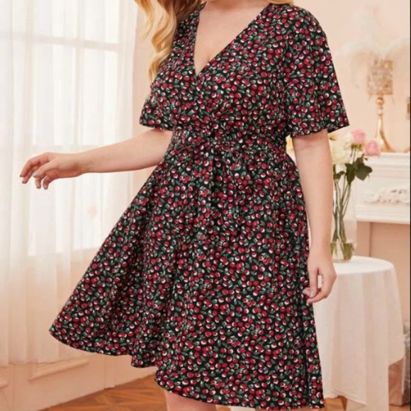 SHEIN Dresses & Skirts - 👗 SHEIN Cherry V-neck Summer Dress with Tie Belt